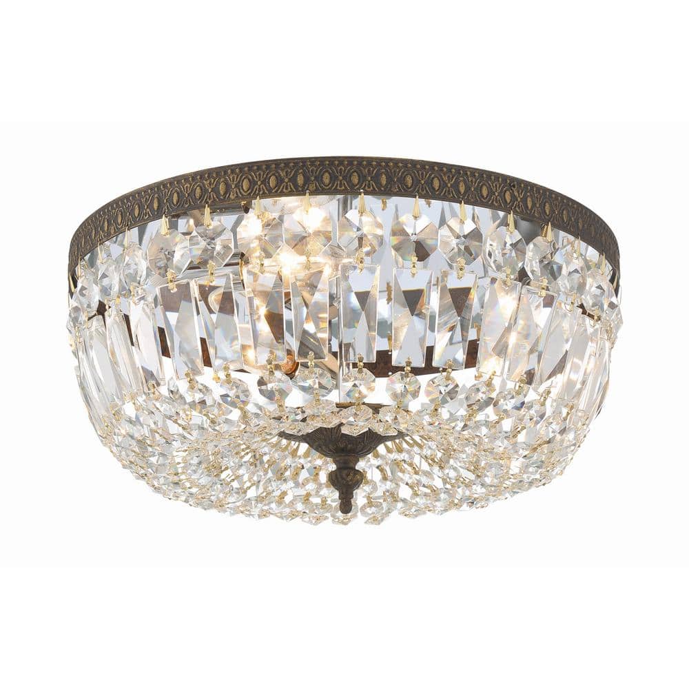 English Bronze and Crystal 3-Light Flush Mount Ceiling Fixture