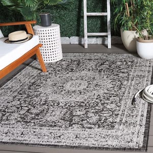 Courtyard Gray/Black 8 ft. x 11 ft. Distressed Ornate Border Indoor/Outdoor Area Rug