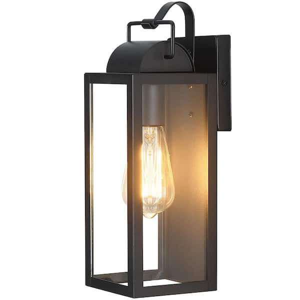 pasentel 14.25 in. 1-Light Black Outdoor Hardwired Wall Lantern Sconce with Clear Glass, No Bulbs Included