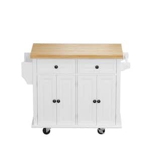 White Wood 43.7 in. Kitchen Island with Spice Rack, Towel Rack and 2 Locking Wheels
