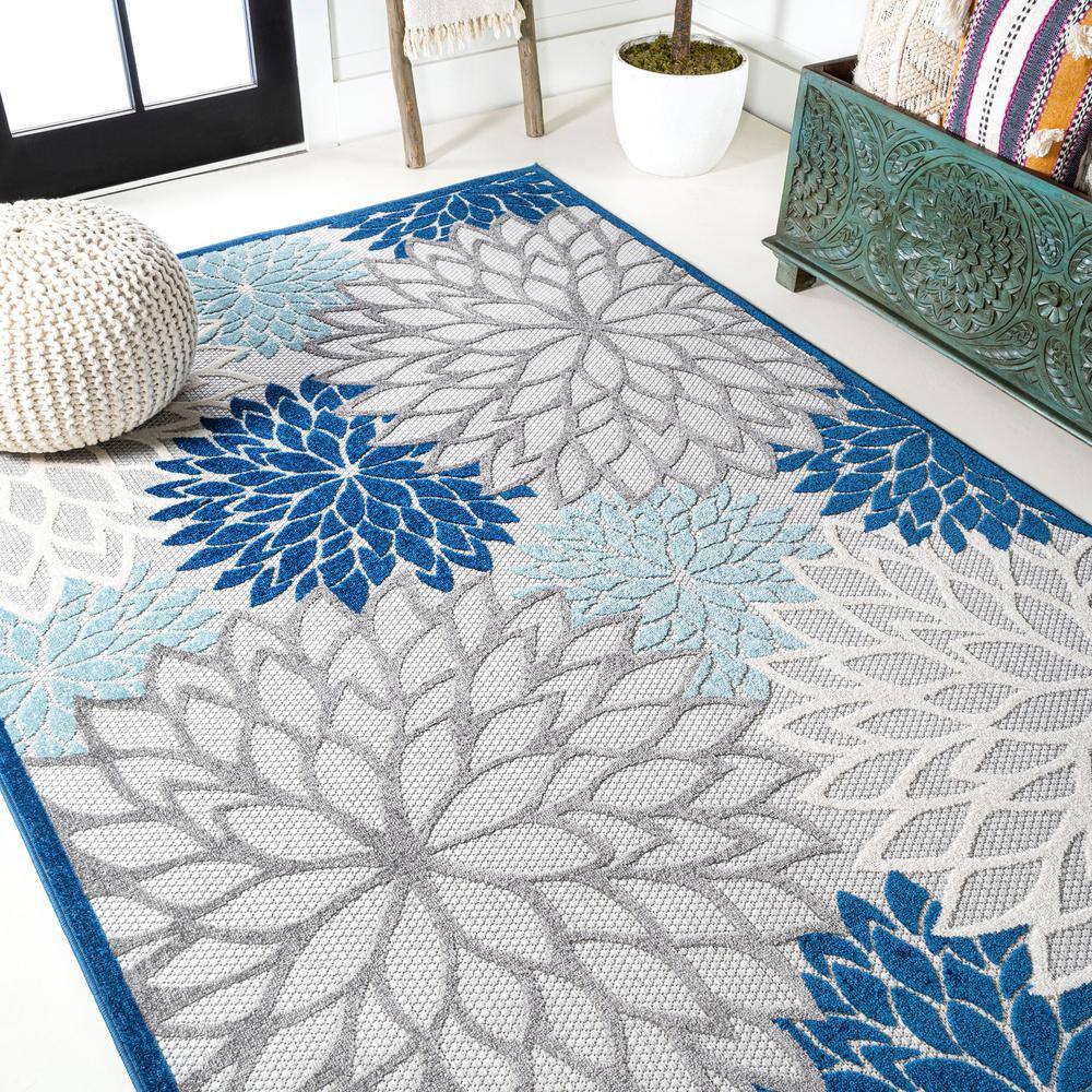 Blue/Gray Floral Synthetic 3' x 5' Easy-Care Indoor/Outdoor Rug