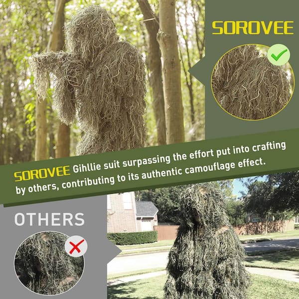 6 in 1 Adults Large Dry Grass Ghillie Suit, 3D Camouflage Hunting Apparel Including Jacket, Pants, Hood, Carry Bag