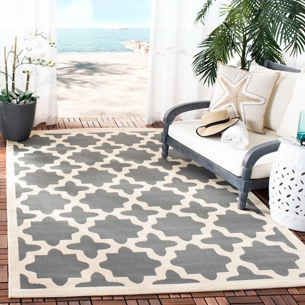 Courtyard Anthracite/Beige 8 ft. x 8 ft. Square Geometric Indoor/Outdoor Patio  Area Rug