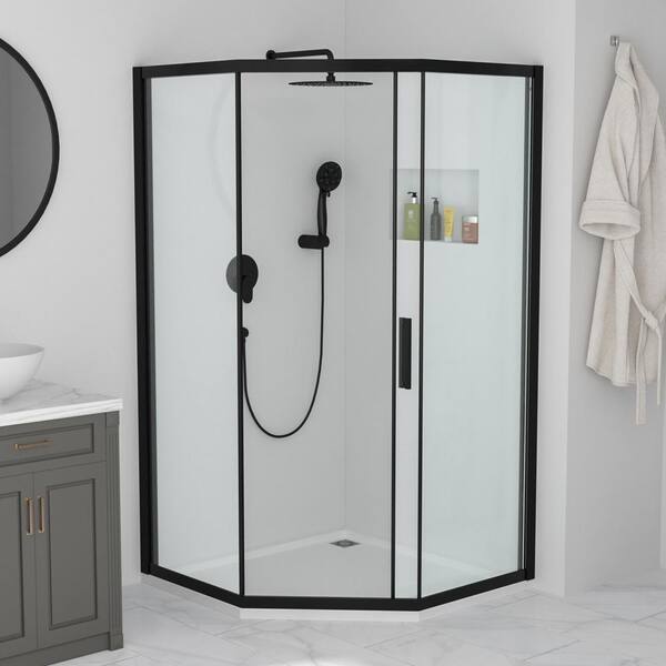 42 in. W x 76 in. H Interior Sliding Framed Glass Shower Door/Enclosure in Black with Handle