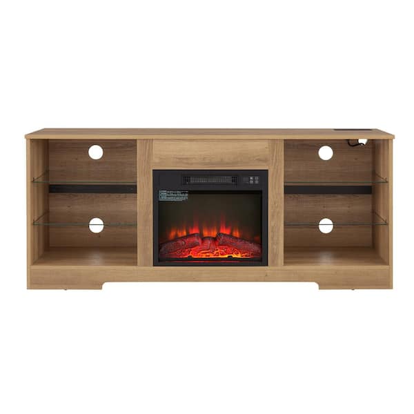 58 in TV Stand Electric Fireplace Glass Shelves, 3D Fireplace TV Stand with LED Lights Wood with USB Charging Outlet