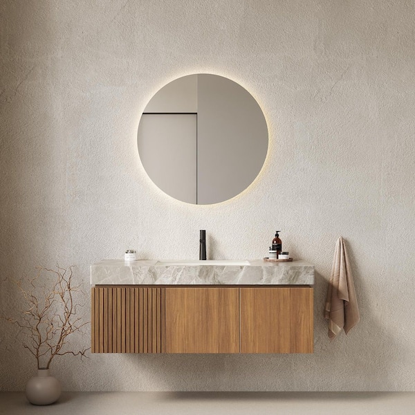 48 in. W x 19 in. D x 18 in. H Wall-Mounted Bath Vanity in Oak with Light Gray Sintered Stone Top