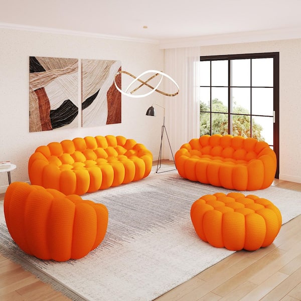 Modern 4-Piece Orange Mesh Fabric Lazy Floor Bean Bag Living Room Set Curved Bubble Couch Curved Sofa Set