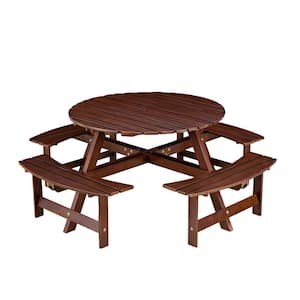 5 in 1-Piece Wood Outdoor Dining Set, 8-Person Round Picnic Table with 4-Built-in Benches, Umbrella Hole, Brown