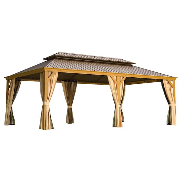 Unbranded 14 ft. x 22 ft. Hardtop Gazebo, Wooden Finish Coated Aluminum Frame Gazebo, Curtains and Nettings Included