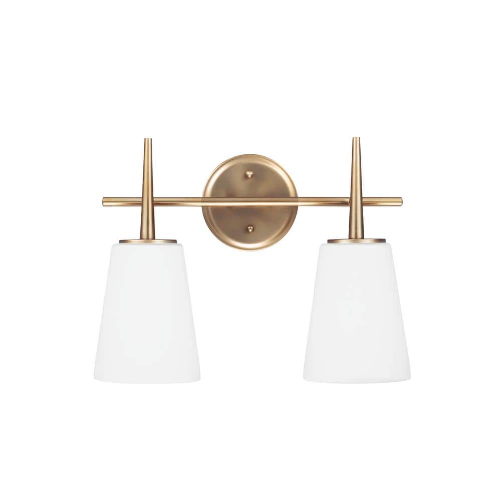 Driscoll 15.5 in. 2-Light Contemporary Modern Satin Brass Wall Bathroom Vanity Light with White Glass and LED Bulbs price history on PriceWatchPro