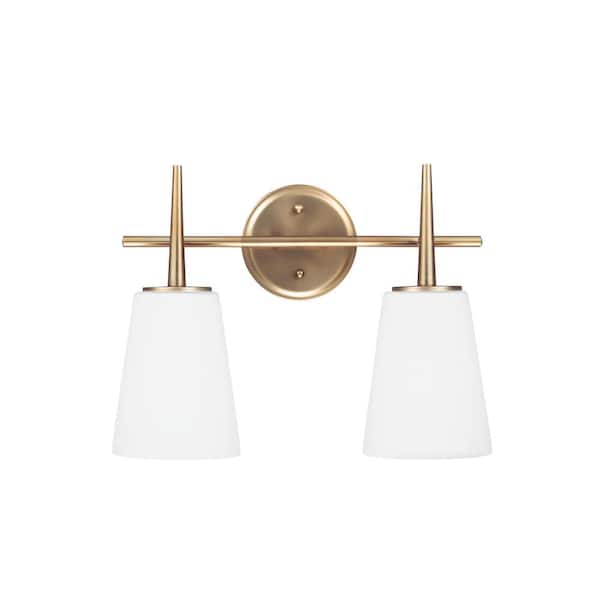 Driscoll 15.5 in. 2-Light Contemporary Modern Satin Brass Wall Bathroom Vanity Light with White Glass and LED Bulbs
