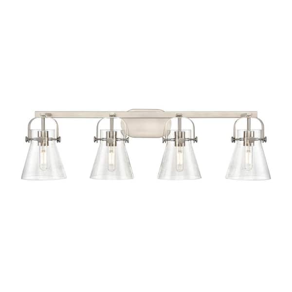 Innovations Pilaster II Cone 36.5 in. 4-Light Satin Nickel Vanity Light with Glass Shade