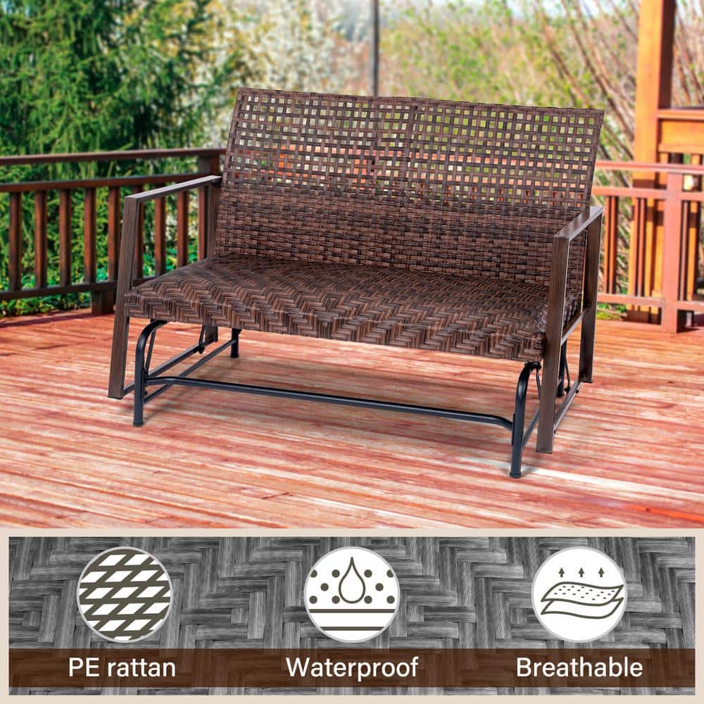 Brown Wicker 2-Person Outdoor Glider with Powder-Coated Frame
