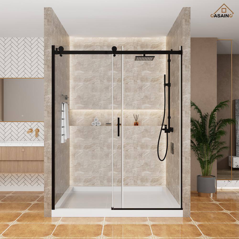 60'' Matte Black Frameless Sliding Shower Door with Clear Glass