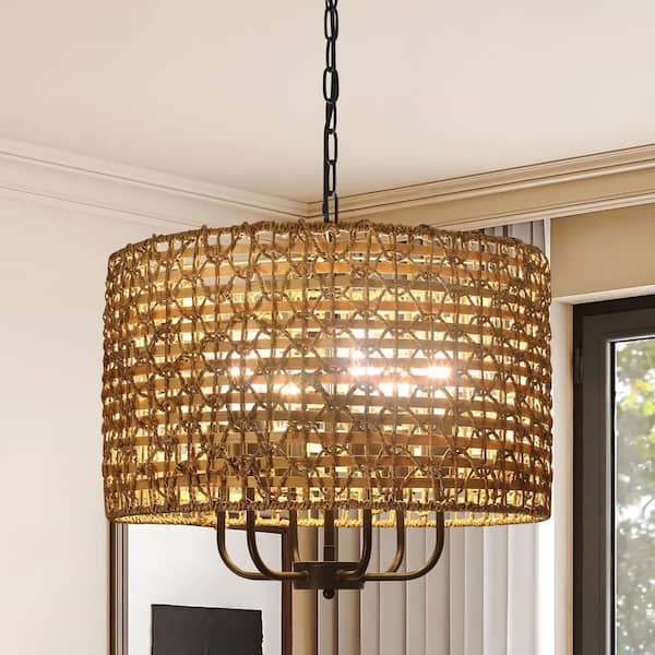 Boho 6-Light Black Chandelier with Woven Rattan Drum, Adjustable Height Pendant Light Fixture for Dining Room, Entryway