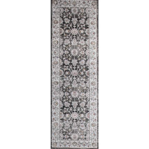 BASHIAN Ashland Charcoal 3 ft. x 8 ft. (2 ft. 6 in. x 8 ft.) Floral Transitional Runner Rug