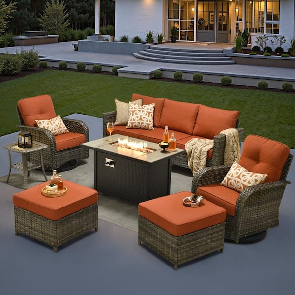 Audrey Gray Wicker 7-Piece Outdoor Patio Furniture Set Patio Conversation Set with Fire Pit and Orange Red Cushion