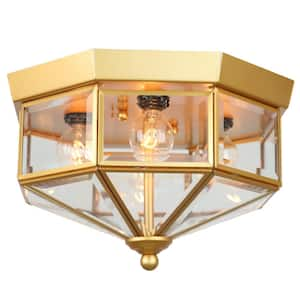 10.25 in. 4-Light Industrial Gold Flush Mount Ceiling Light with Beveled Glass for Indoor Room