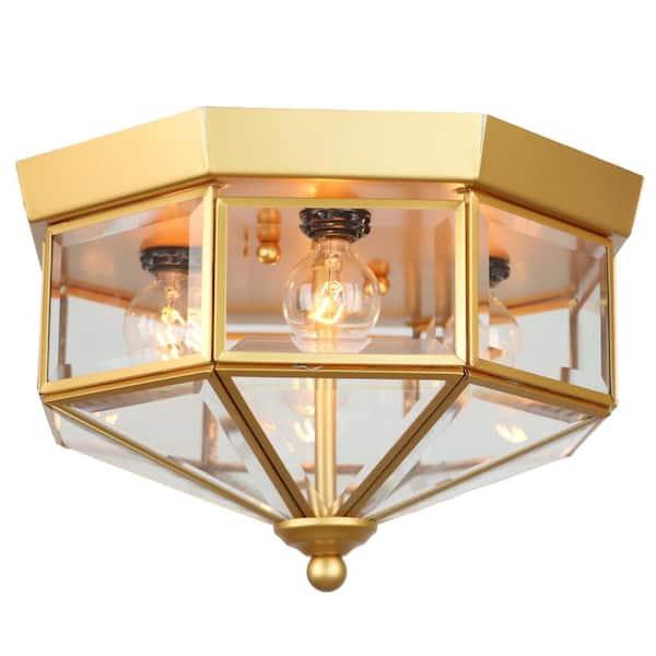 PUDO 10.25 in. 4-Light Industrial Gold Flush Mount Ceiling Light with Beveled Glass for Indoor Room