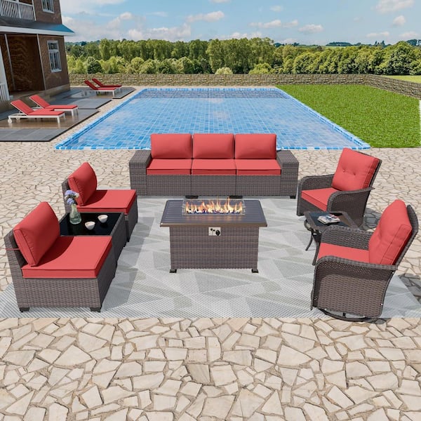 10-Piece Wicker Outdoor Patio Conversation Set with 55000 BTU Propane Fire Pit Table and Swivel Rocking Chairs, Red