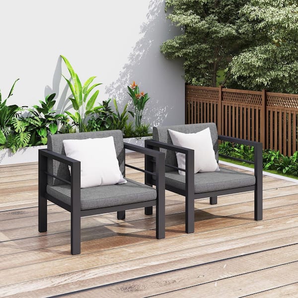 Outdoor Aluminum Armchairs Set of 2 Pieces Patio Furniture Single Chairs with Waterproof Cushions