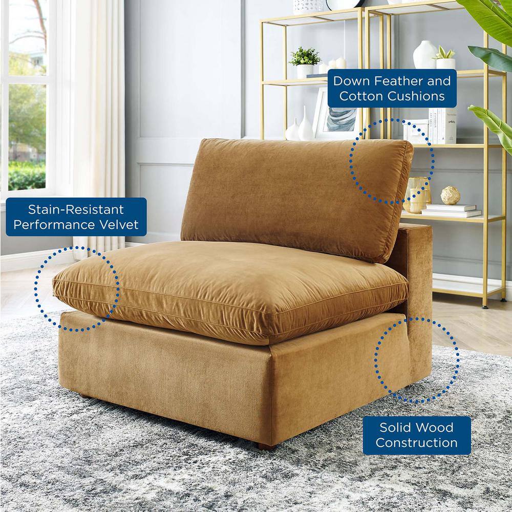 Cognac Velvet Armless Chair with Wood Frame