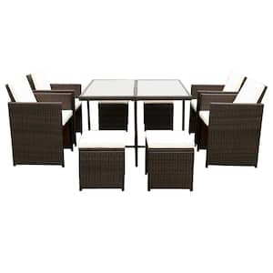 Dark Brown 9-Piece Space Saving Outdoor Patio Wicker 29.1 in. Square Outdoor Dining Set with Beige Cushions