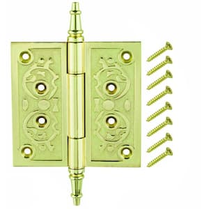 4 in. Bright Brass Decorative Square Corner Door Hinge with Finial