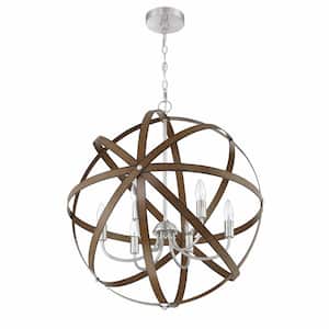 6-Light Brown and Brushed Nickle Pendant Lights Fixture with Open Globe Metal Shade Chandeliers
