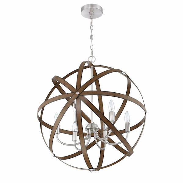 Pia Ricco 6-Light Brown and Brushed Nickle Pendant Lights Fixture with Open Globe Metal Shade Chandeliers