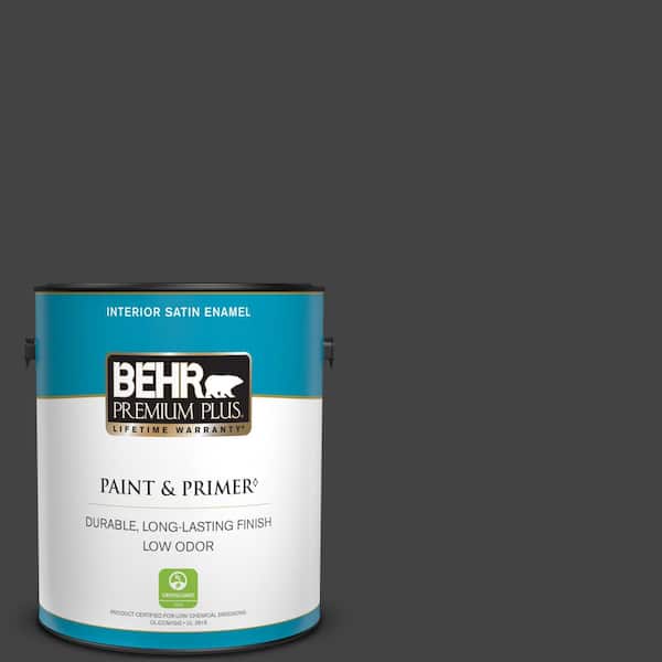 BEHR PREMIUM PLUS 1 gal. #S-H-790 Black Suede Satin Enamel Low Odor Interior Paint & Primer