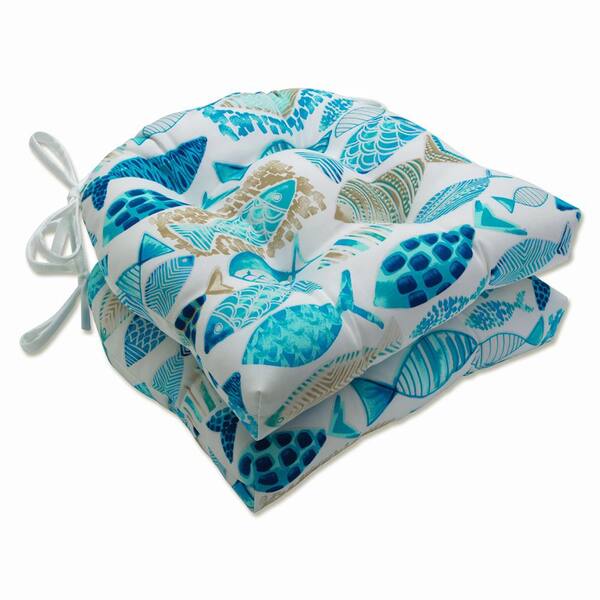 Pillow Perfect Tropical 16 in. x 15.5 in. Outdoor Dining Chair Cushion in Blue/Tan/Off-White (Set of 2)