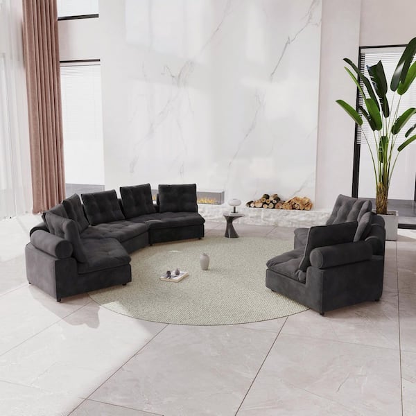 Miami Oversized Square Arm 5-Piece Frosted Velvet Down Filled Curved Modular Sectional Sofa Living Room Set in Gray