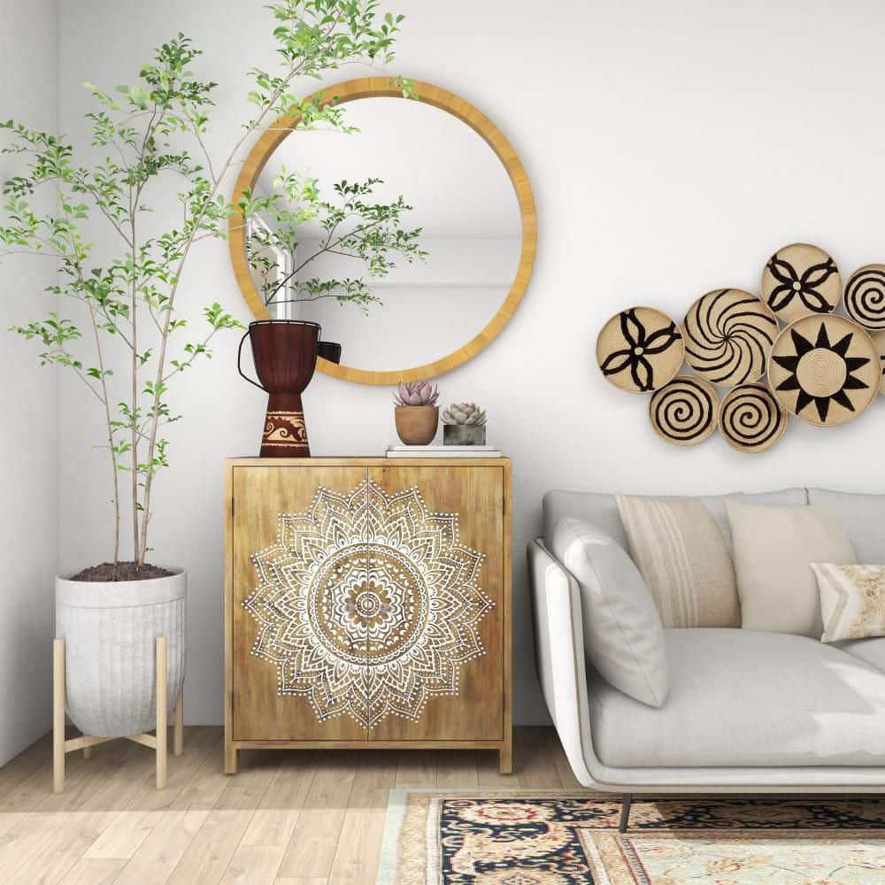 Brown Wood Intricately Carved Floral Cabinet with Shelf and Doors