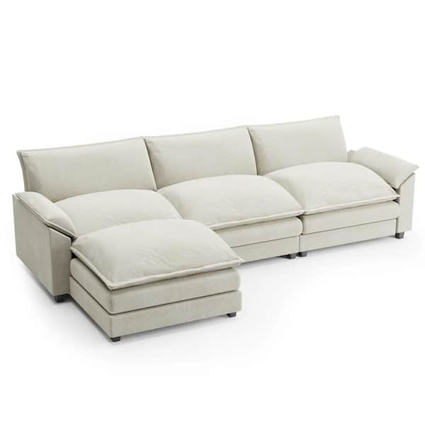 118 in. Chenille Flared Arm L-Shaped Deluxe Pillow-Styled Modular Sectional Sofa in off White with Ottoman