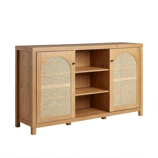 Modern English Oak Wood 58 in. Sideboard with Arched Rattan Panels