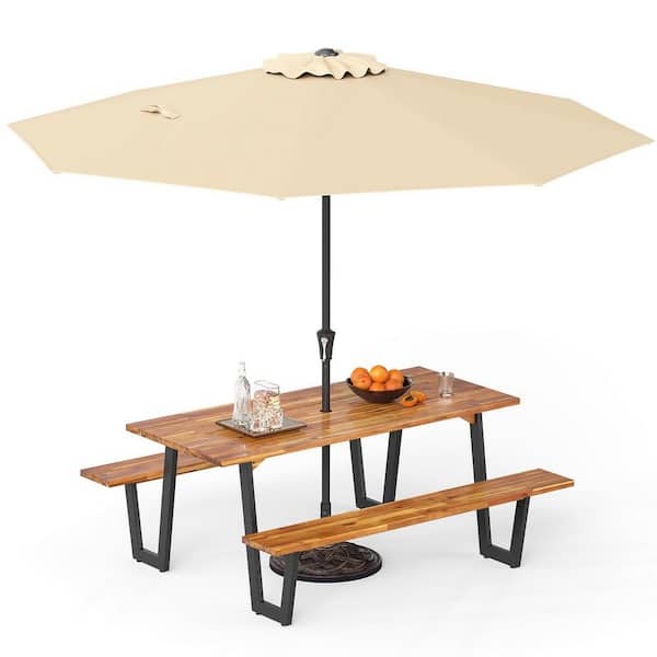 3-Piece Acacia Wood Rectangle Outdoor Dining Set with 10 ft. Umbrella & Base Outside Picnic Table Set with Bench