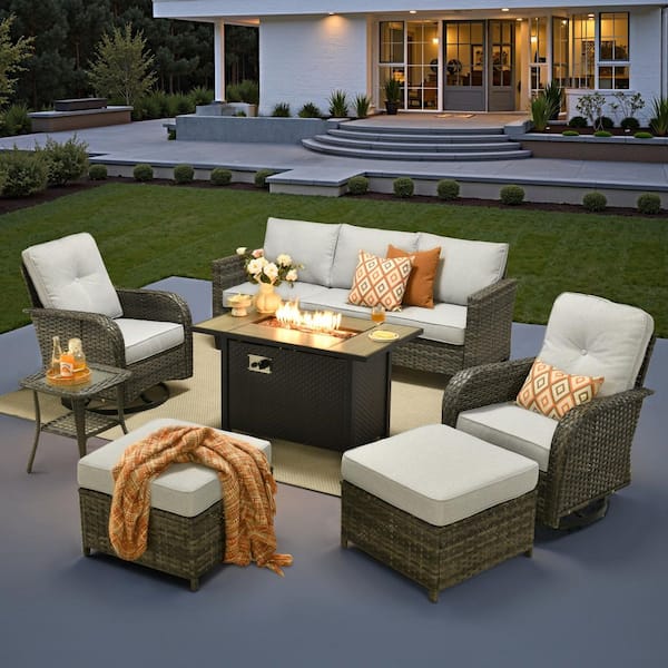 Audrey Gray Wicker 7-Piece Outdoor Patio Furniture Set Patio Conversation Set with Fire Pit and Light Gray Cushion