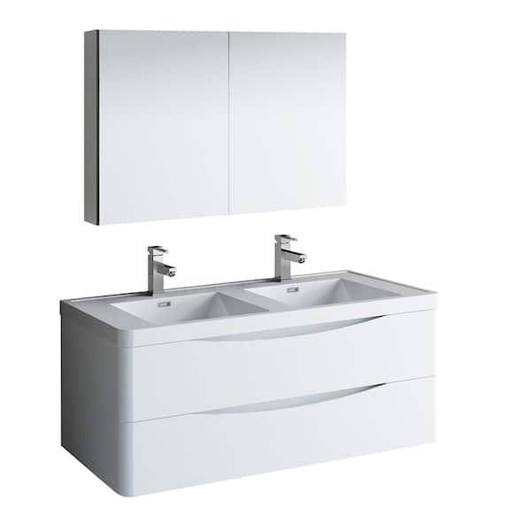 Fresca Tuscany 48 in. Modern Double Wall Hung Vanity in Glossy White w/ Vanity Top in White with White Basins, Medicine Cabinet