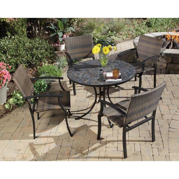 HOMESTYLES Stone Harbor 40 in. 5-Piece Slate Tile Top Round Patio Dining Set with Newport Chairs