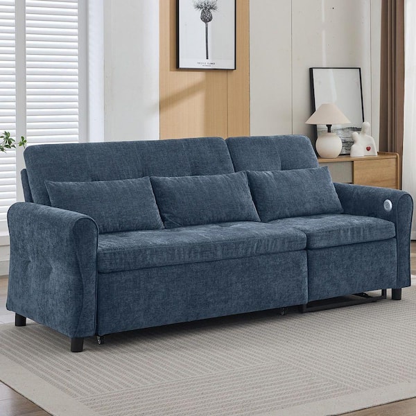82 in. W 2-in-1 Blue 3-Seater Sofa Bed with a Reversible Recliner Sofa and 2 USB Ports