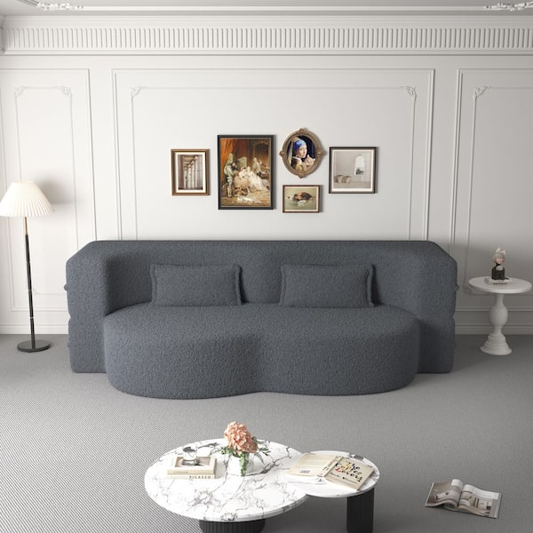Qualler 78 in. Straight Arm Teddy Fabric Rectangle Convertible Foam-Filled Modern Floor Sofa in Gray
