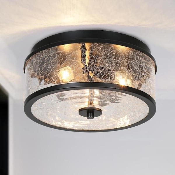 Modern Farmhouse 12 in. 3-Light Black Flush Mount Light, Round Crackle Glass Brass Ceiling Light for Bathroom, Foyer