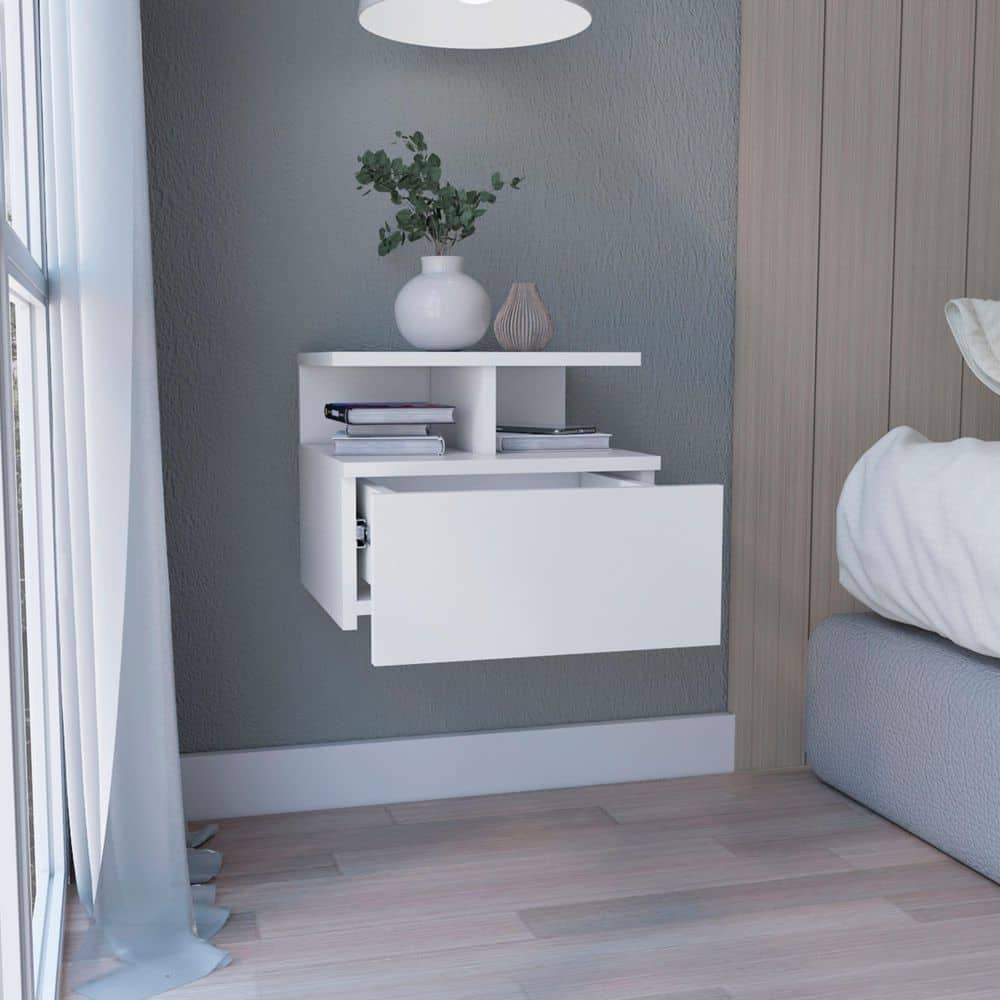 White Floating Nightstand with Drawer, Wall-Mounted Bedside Table with Open Shelf
