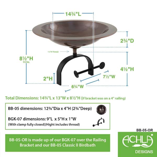 14.75 in. W Antique Copper Classic II Birdbath with Over Rail Bracket