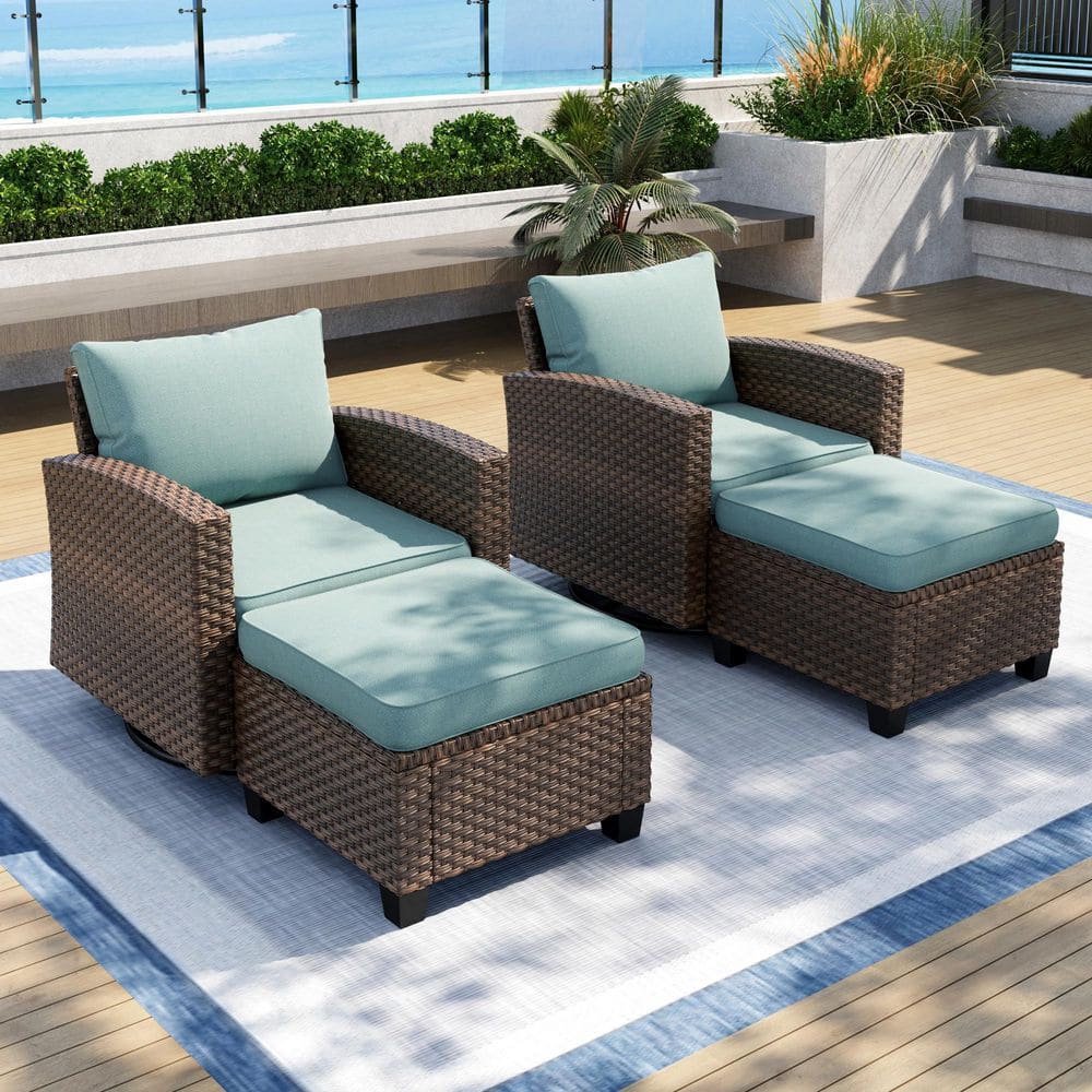 Brown Rattan Wicker 4 Seat 4-Piece Steel Outdoor Patio Conversation Set with Blue Cushions,2 Swivel Chairs,2 Ottomans price history on PriceWatchPro