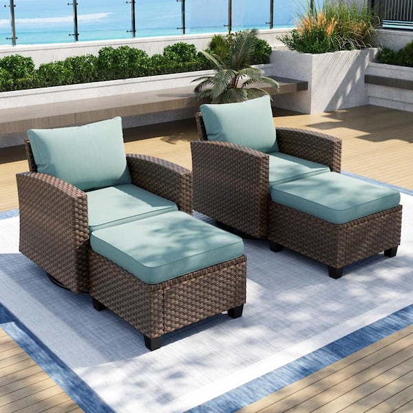 PHI VILLA Brown Rattan Wicker 4 Seat 4-Piece Steel Outdoor Patio Conversation Set with Blue Cushions,2 Swivel Chairs,2 Ottomans