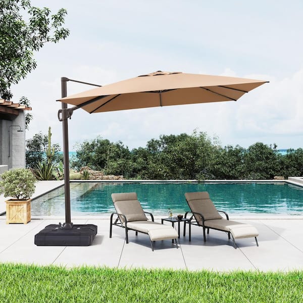 Crestlive Products 10.5 ft. x 9 ft. 360 ° Rotation Rectangular Cantilever Patio Umbrella in Tan with 220 lbs. Base Stand