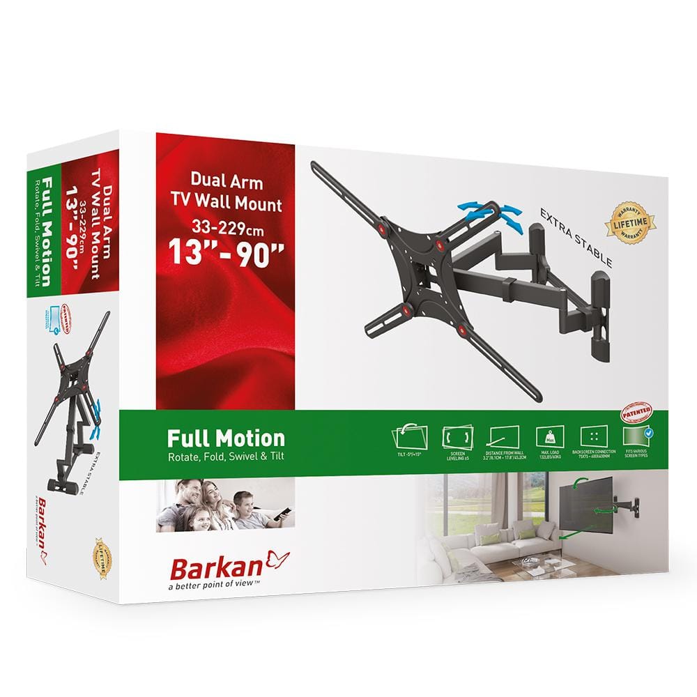 Black Full Motion Dual Arm TV Wall Mount for 13"-90" Screens
