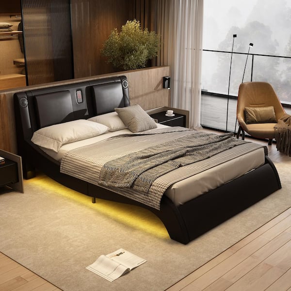 FUFU&GAGA Black Wood Frame Queen Size Bed Panel Bed, Massage Upholstered Headboard, Variable LED Light, USB, Bluetooth Speaker